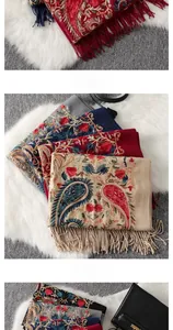 Close-up of vibrant paisley embroidery and fringe details on thick cashmere shawls