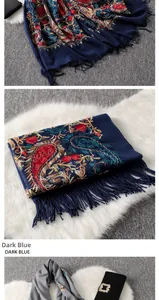 Close-up of colorful ethnic paisley embroidery on dark blue and grey winter scarves