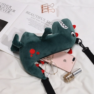 Cute dark green plush dinosaur crossbody bag with adjustable strap and embroidered details