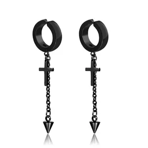 Black punk stainless steel earrings featuring a cross pendant and dangling spike chain