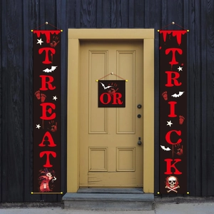 Three-piece Halloween banner set with Trick or Treat text and spooky graphics on a door