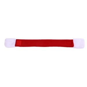 Flat lay of red and white Christmas pet scarf with plush trim and velcro strap closure