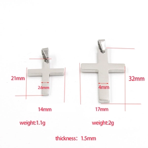 Pendentifs croix en acier inoxydable poli en deux tailles avec dimensions et poids