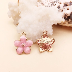 Pink cherry blossom flower pendant in gold finish for DIY jewelry and earrings