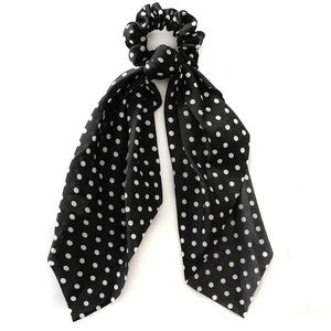 Black chiffon scrunchie with white polka dots and long removable streamer ribbon