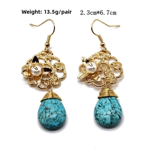 Detail of turquoise drop earrings with gold filigree, pearls, size 2.3cm*6.7cm and 13.5g weight