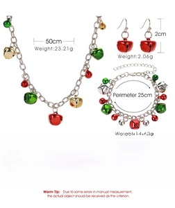Detailed specs of Christmas jewelry set with colorful bells, earrings, and bracelet