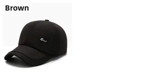 Detail view of brown and black wool baseball cap with Sport embroidery for elderly men
