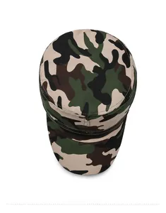 Top down view of classic jungle camouflage flat top patrol hat with green and brown tones