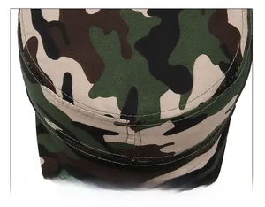 Close-up of durable jungle camouflage flat top cap showing reinforced stitching details