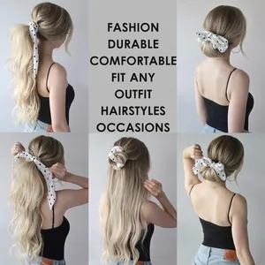 Polka dot hair scrunchie with long ribbons for women showing various hairstyles