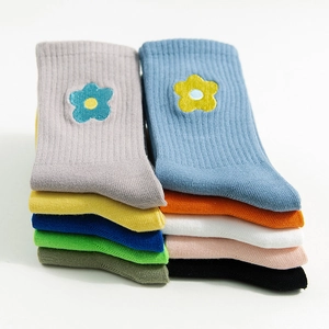 Casual cotton crew socks with floral embroidery in multiple colors for daily wear