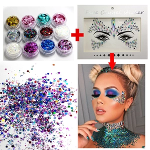 Festival face crystal stickers and glitter sequins set for party makeup and music events.