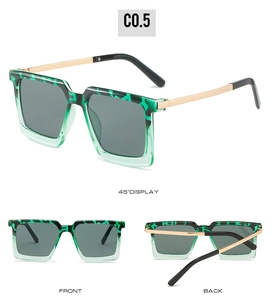 Multiple views of square tortoiseshell sunglasses with green gradient frames and metal temples