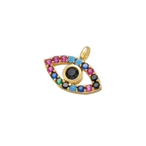 Dettaglio del ciondolo occhio del male dorato con strass colorati per creazione gioielli