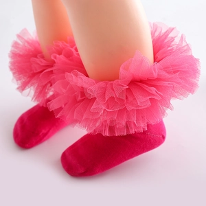Rosa Mädchen-Baumwollsocken mit mehrlagigen Spitzenrüschen und Mesh-Verzierungen für Kinder