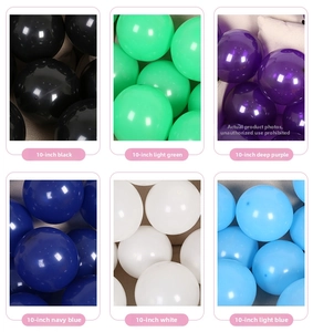 Detail view of 10-inch colorful matte latex balloons in six vibrant party colors