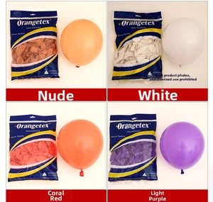 Assorted 10-inch matte latex balloons in skin, white, coral red, and light purple tones