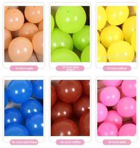 Detailed color swatches of 10-inch latex party balloons in six assorted matte finishes
