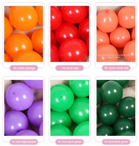Detail view of 10 inch matte balloons in coral red, orange, purple and dark green shades