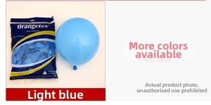 Detailed view of light blue 10-inch latex balloons with helium quality packaging