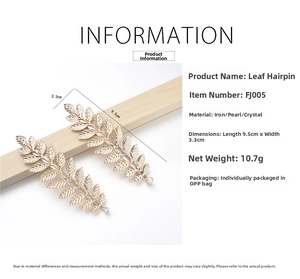 Detailed dimensions of gold leaf hair clips with pearls and rhinestones 9.5cm length