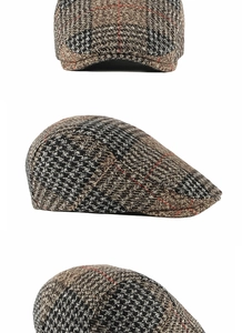 Detailed view of three angles showing vintage houndstooth wool flat cap with red stripes