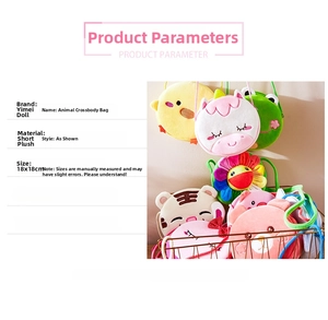 Detail view of 18x18cm plush animal crossbody bags with soft fabric and size parameters