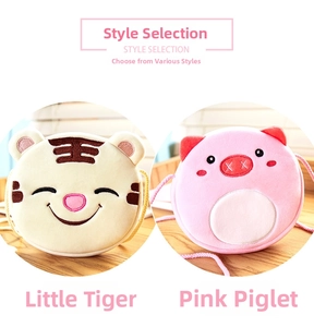 Detail showing plush tiger and pig cartoon crossbody mini bags with soft embroidery
