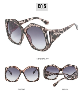 Three-view layout of large square leopard print sunglasses with gray gradient lenses