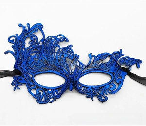 Detailed close-up of blue lace masquerade mask with intricate hollow patterns and black ribbons