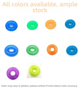 Detailed grid of durable spiked TPR rubber dog rings in multiple sizes and vibrant colors