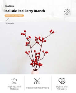 Macro detail of artificial red holly berries with glossy finish for festive home decor