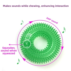 Detail of green spiked TPR dog ring toy with built-in squeaker for interactive dental care