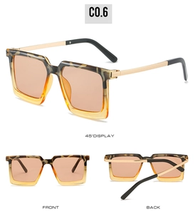 Detailed views of square frame sunglasses with tortoiseshell pattern and metal temples
