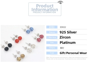 Detailed close-up of 925 sterling silver ball stud earrings with colorful zircon stones