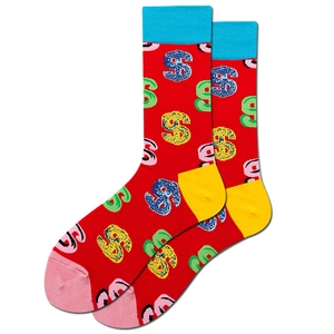Red crew socks with blue cuffs and colorful dollar sign prints on a white background