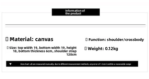 Detail view of canvas bag dimensions showing 19cm width and 18cm height specifications