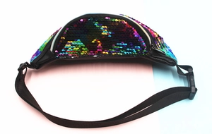 Close-up of rainbow sequin fanny pack with adjustable strap and plastic buckle closure