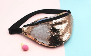 Detail of reversible gold and silver mermaid sequins on a stylish crossbody fanny pack