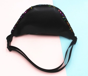 Rear view of sequin fanny pack with black pebbled leather and adjustable strap buckle