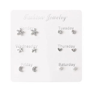6-pair silver stud earring set with star, heart, moon designs, rhinestones and pearls