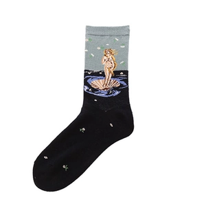 Detail of artistic socks featuring The Birth of Venus masterpiece on black cotton fabric