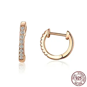 Minimalist 925 sterling silver hoop earrings with rose gold plating and clear zircons