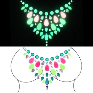 Luminous breast jewel stickers with colorful resin rhinestones for festival party makeup
