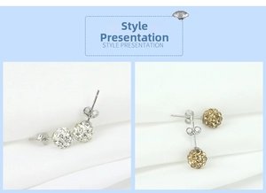 Detail view of crystal-encrusted Shamballa stud earrings in white and champagne gold colors