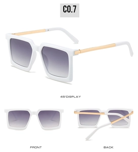 Three-angle view of square frame sunglasses with white acetate and gradient lenses