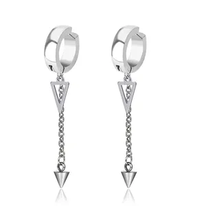 Silver stainless steel punk drop earrings with triangle and cone charm pendants