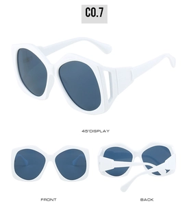 Multi-angle view of white geometric sunglasses with hollow temples and blue lenses
