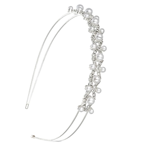 Elegant silver multi-layer bridal headband with white pearls and sparkling rhinestones
